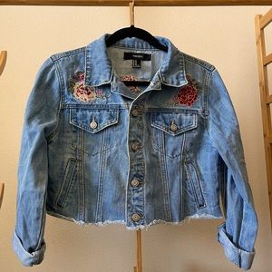 Cropped Distressed Floral Jean Jacket